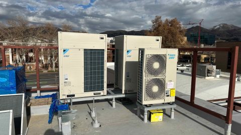 Our HVAC system relies heavily on a super-efficient variable refrigerant flow (VRF) heat pump system that provides cooling and heating without gas combustion.
